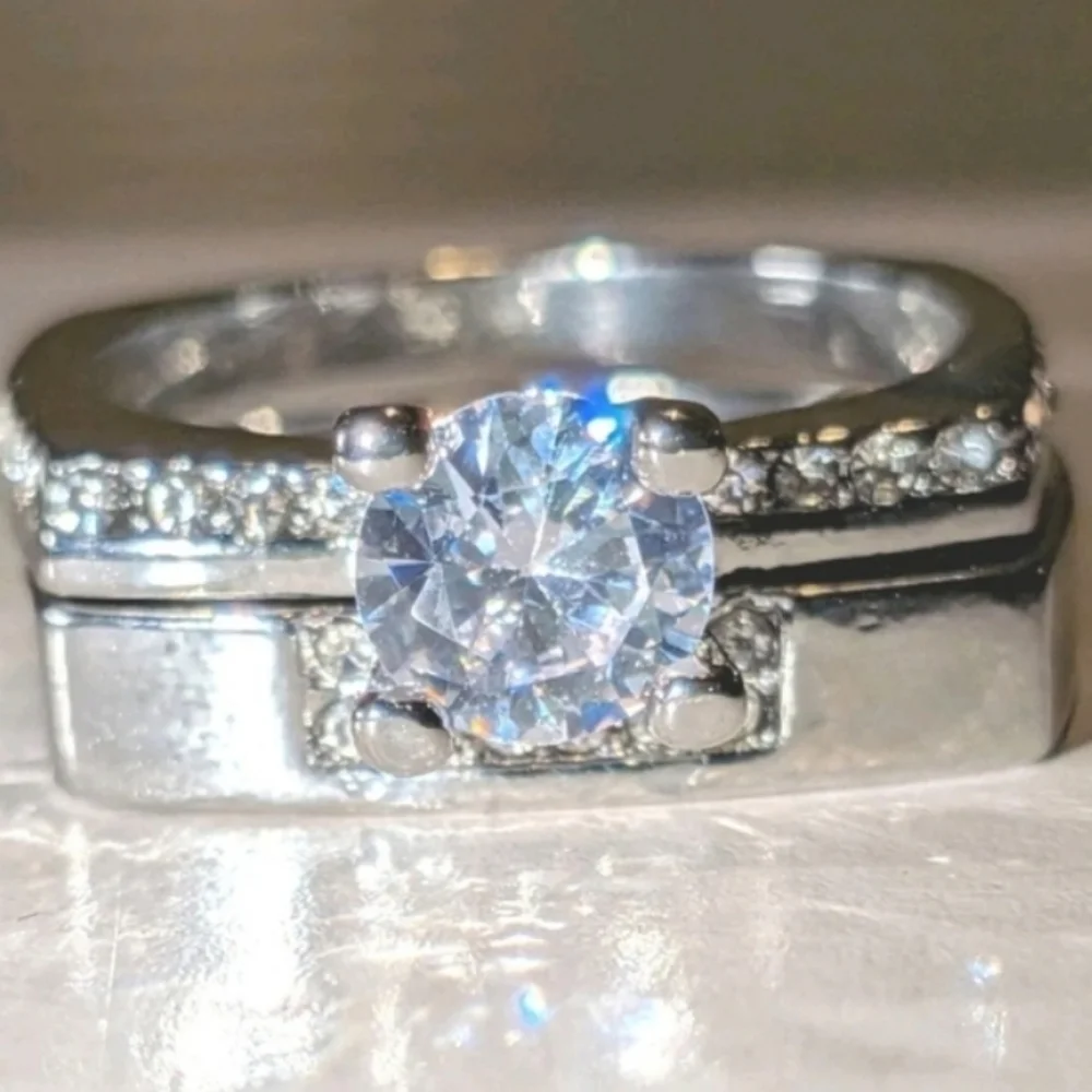 Mens Silver-Tone Clear Cubic zirconia Ring 2pc Set Sz 10